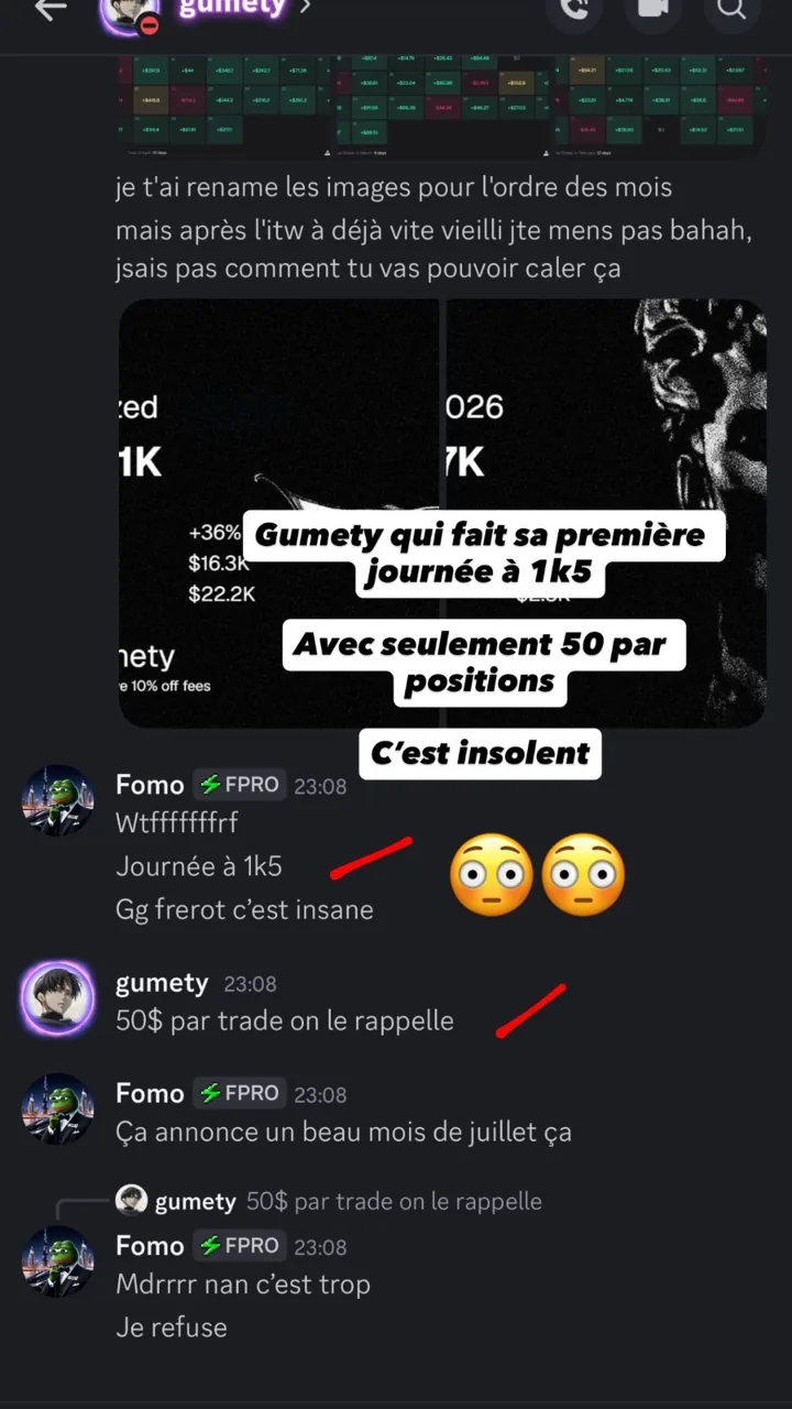Capture Discord : un membre annonce sa première journée à 1 k5 avec seulement 50 $ par position, les autres membres réagissent.