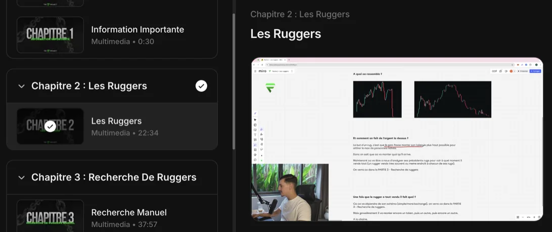Espace de formation F Project : liste des chapitres à gauche, et le chapitre 2 « Les Ruggers » ouvert à droite avec sa vidéo et son tableau d’analyse.