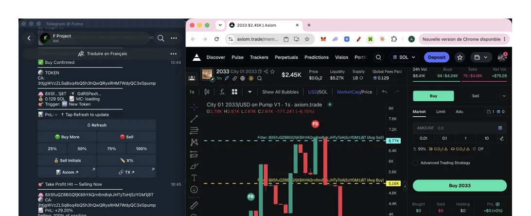 Deux écrans côte à côte : le bot F Project sur Telegram confirmant un achat à gauche, et le terminal de trading Axiom avec son graphique en chandeliers à droite.