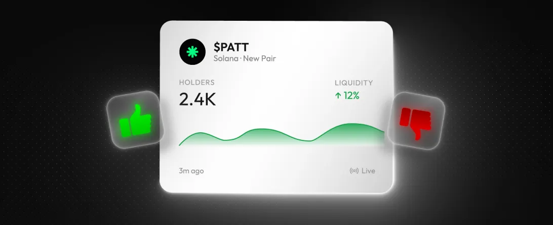 Fiche du jeton $PATT sur Solana — 2,4 K détenteurs, liquidité en hausse de 12 % — encadrée d’un pouce vert et d’un pouce rouge.